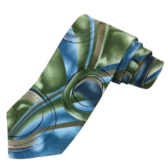J Garcia Mens Silk Tie Clockworks Collection 55 Green Blue Abstract Design - Picture 1 of 4